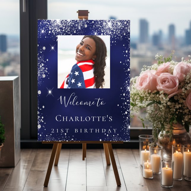 Birthday navy blue silver glitter photo welcome  foam board (Creator Uploaded)