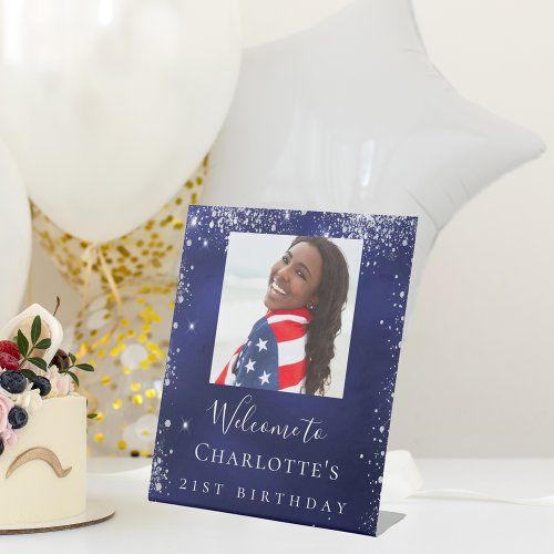 Birthday navy blue silver glitter photo welcome 