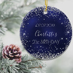 Birthday navy blue silver glitter sparkles ceramic ornament<br><div class="desc">An ornament for a girly and glamorous 21st (or any age)  birthday . A navy blue background with faux silver glitter,  sparkles. The blue color is uneven. On the front: Personalize and add a date,  a name and age.</div>