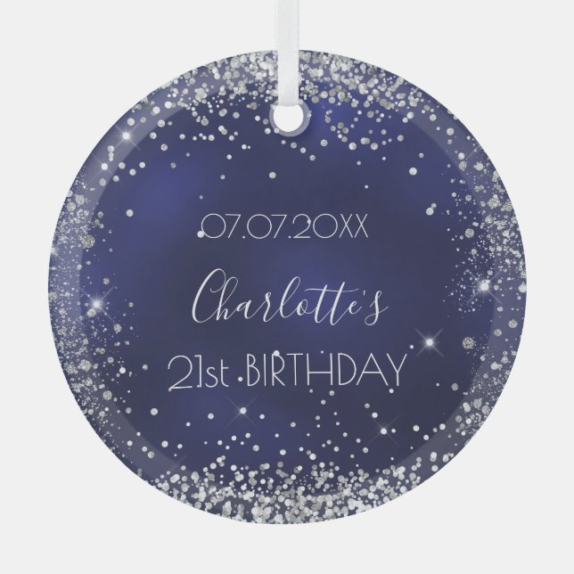 Birthday navy blue silver glitter sparkles glass ornament (Front)