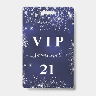 Birthday navy blue silver glitter vip invitation badge