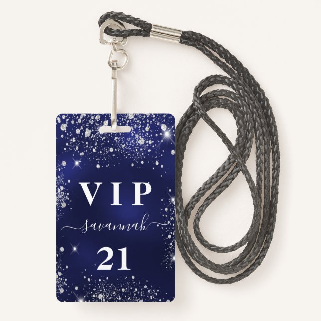 Birthday navy blue silver glitter vip invitation badge (Front with Lanyard)