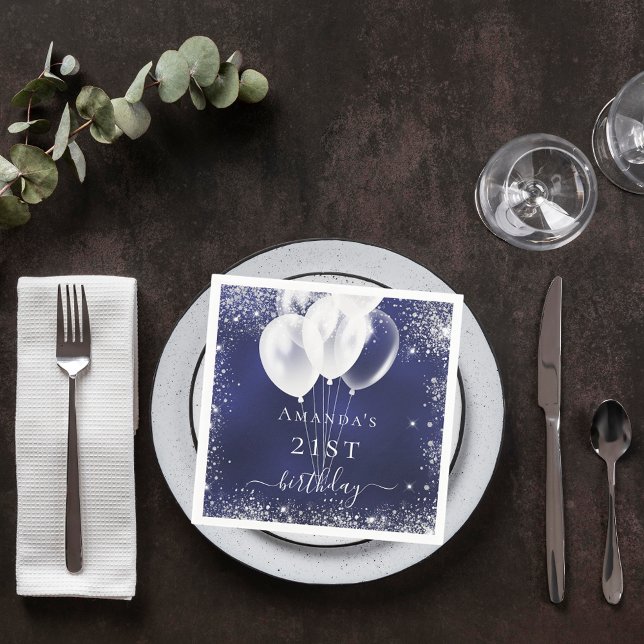 Birthday navy blue silver glitter white balloons napkins (Creator Uploaded)