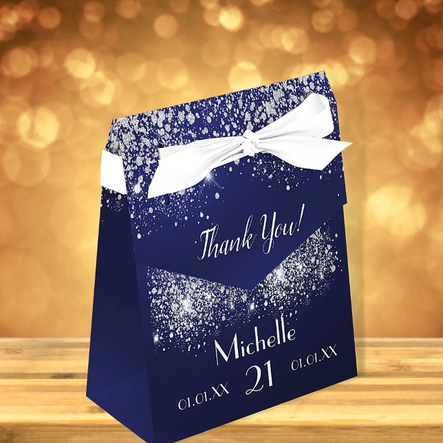 Birthday navy blue silver glitter white monogram favor boxes (Creator Uploaded)