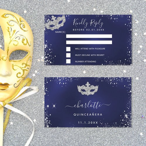 Birthday navy blue silver masquerade RSVP Enclosure Card