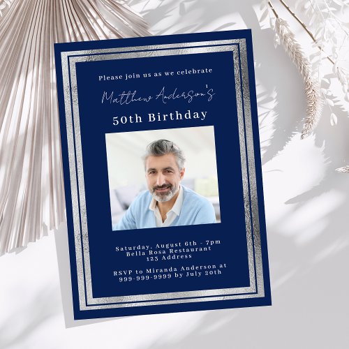 Birthday navy blue silver photo invitation