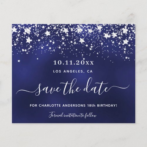 Birthday navy blue silver save date party budget flyer