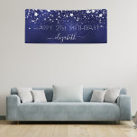 Birthday navy blue silver stars name party banner<br><div class="desc">For a glamorous 21st (or any age) birthday party. A navy blue background with elegant faux silver stars. The blue color is uneven. Personalize and add a name and age 21. White letters. The name is written with a modern hand lettered style script with swashes. To keep the swashes only...</div>