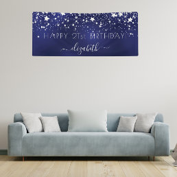 Birthday navy blue silver stars name party banner