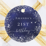 Birthday navy blue silver thank you favor tags<br><div class="desc">For a girly and glamorous 21st (or any age) birthday party.  A navy blue background with elegant faux silver sparkles.  On the front: Personalize and add a name and age 21. 
Back: add your thank you note and name.</div>