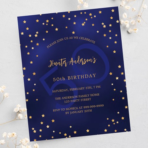Birthday navy blue stars number budget invitation