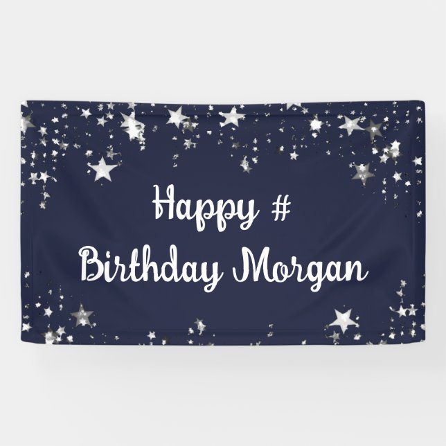 Birthday Navy Blue Stars Script Personalized Banner (Horizontal)