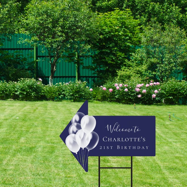 Birthday navy blue white balloons name arrow sign (Creator Uploaded)