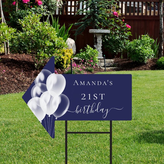 Birthday navy blue white balloons name arrow sign (Creator Uploaded)
