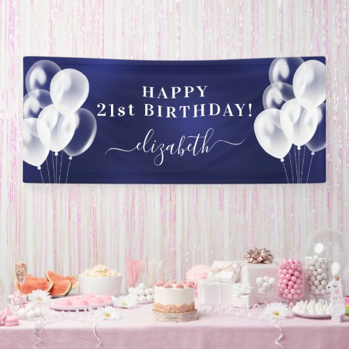 Birthday navy blue white balloons name script banner