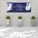 Birthday navy blue white balloons name script banner<br><div class="desc">For a girly and glamorous 21st (or any age) birthday party. A navy blue background. The blue color is uneven. Decorated with white balloons. Personalize and add a name and age 21. White letters. The name is written with a modern hand lettered style script with swashes. To keep the swashes...</div>