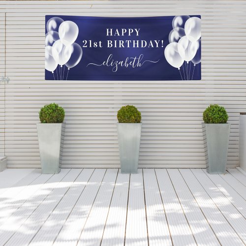 Birthday navy blue white balloons name script banner