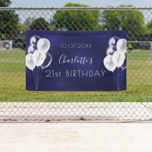 Birthday navy blue white balloons party banner