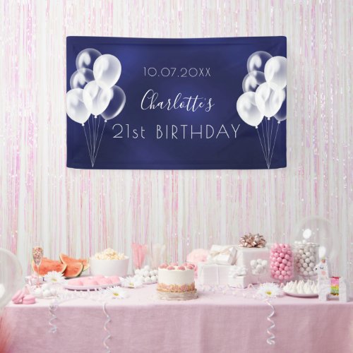 Birthday navy blue white balloons party banner