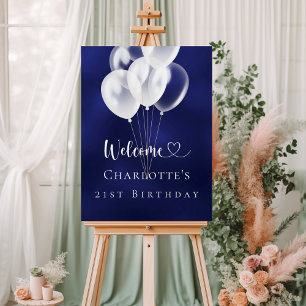 Birthday navy blue white balloons welcome foam board