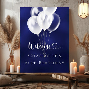 Birthday navy blue white balloons welcome poster