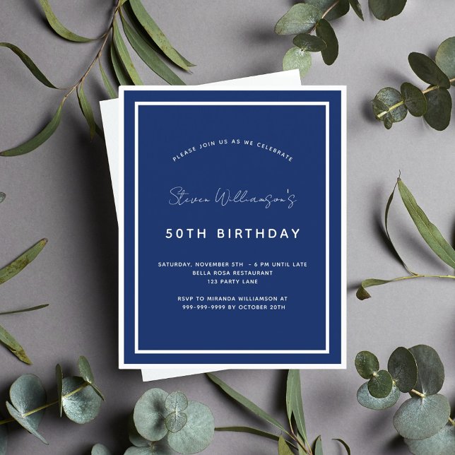 Birthday navy blue white budget invitation flyer (Creator Uploaded)