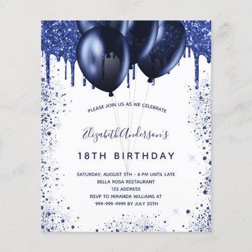 Birthday navy blue white budget invitation flyer