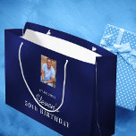 Birthday navy blue white custom photo monogram large gift bag<br><div class="desc">A gift bag for a 50th (or any age) birthday.  A classic navy blue background,  the blue color is uneven. Personalize and add a photo,  date,  name and year 50. The name is written in white with a modern hand lettered style script. 
Use a portrait size photo.</div>