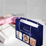 Birthday navy blue white custom photo monogram  large gift bag<br><div class="desc">For a 50th (or any age) birthday.  A classic navy blue background,  the blue color is uneven.   Personalize and add 3 of your own photos,  a date,  name and age 50. White text. The name is written with a modern hand lettered style script.</div>