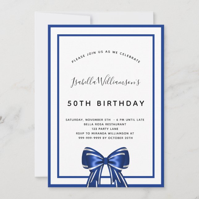 Birthday navy blue white elegant bow script invitation (Front)