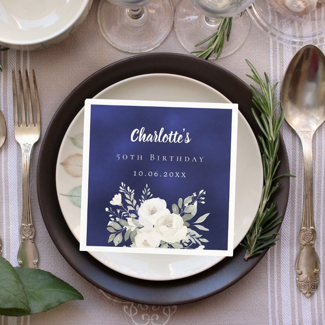 Birthday navy blue white florals roses napkins (Creator Uploaded)