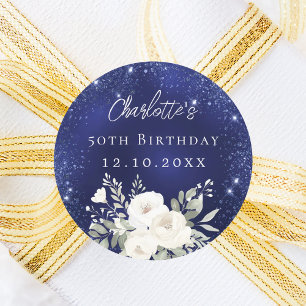 Birthday navy blue white flowers classic round sticker