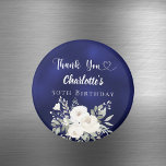 Birthday navy blue white flowers Thank You Magnet<br><div class="desc">A navy blue background decorated with white florals,  roses. The blue color is uneven.  Personalize and add a name and age.  White letters.  Text: Thank You with a heart.</div>