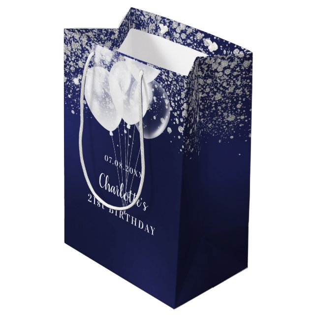 Birthday navy blue white glitter balloons name medium gift bag (Back Angled)