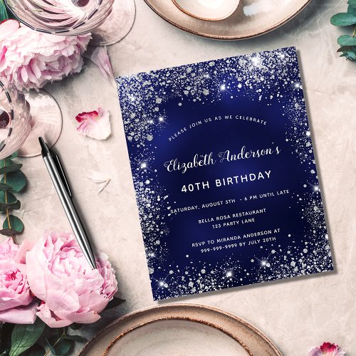 Birthday navy blue white glitter budget invitation flyer