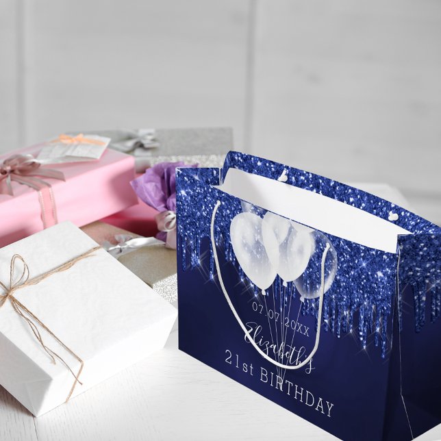 Birthday navy blue white glitter drips balloons large gift bag (Creator Uploaded)