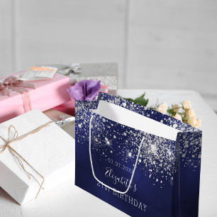 Birthday navy blue white glitter large gift bag
