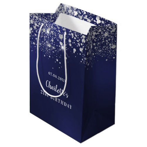 Birthday navy blue white glitter monogram medium gift bag
