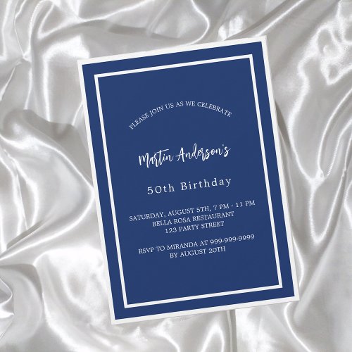 Birthday navy blue white minimalist luxury invitation