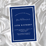 Birthday navy blue white minimalist men guy invita invitation<br><div class="desc">A modern,  elegant and invitation.  A navy blue background decorated with white frames.  Personalize and add a name and details. White text.</div>