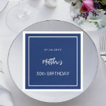 Birthday navy blue white minimalist men guy napkins<br><div class="desc">A navy blue background decorated with a white frame.  Personalize and add a date,  name,  age.</div>