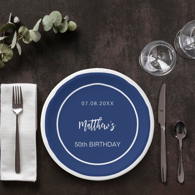 Birthday navy blue white minimalist men guy paper plates (Creator Uploaded)