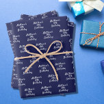 Birthday navy blue white name script minimalist wrapping paper sheets<br><div class="desc">Navy blue background,  white text. Personalize and add a name and age.  A modern hand lettered style script. For both him and her.</div>