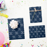 Birthday navy blue white name script wrapping paper sheets<br><div class="desc">Navy blue background,  white colored text. Personalize and add a name and age.  A modern hand lettered style script.</div>