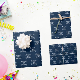 Birthday navy blue white name script wrapping paper sheets