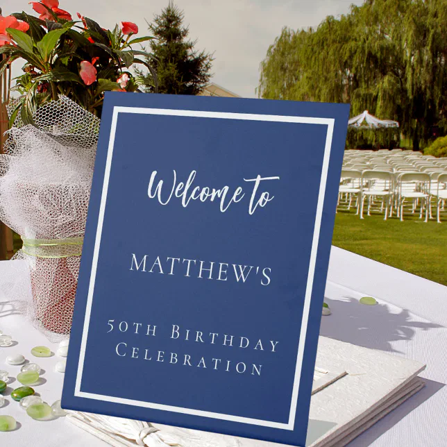 Birthday navy blue white party pedestal sign Zazzle