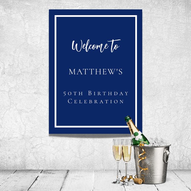 Birthday navy blue white party welcome poster (Creator Uploaded)