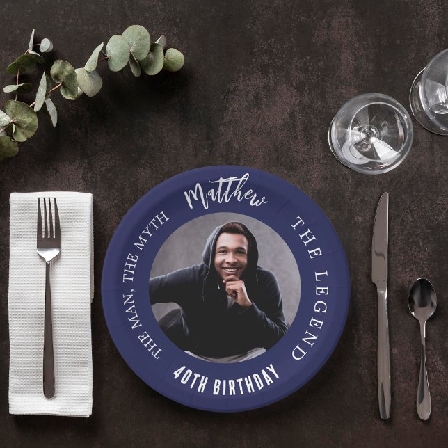 Birthday navy blue white photo man myth legend paper plates (Creator Uploaded)