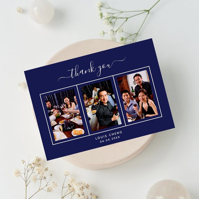 Birthday navy blue white photo script guy men thank you card (Creator Uploaded)