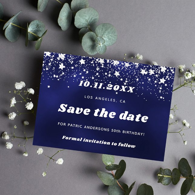 Birthday navy blue white stars save the date (Creator Uploaded)